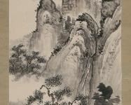 359	Chinese Landscape Scroll on Paper	Chinese scroll on paper, mountain river landscape. Signed with inscription and two red seals upper right, with additional red seal lower right. Image 51 1/4" x 12 5/8" (total 76" x 17 1/8"). Waviness and creasing throughout, staining to fabric around image, some foxing and discoloration to image, staining center left in image; one end missing from wooden roller at bottom.
