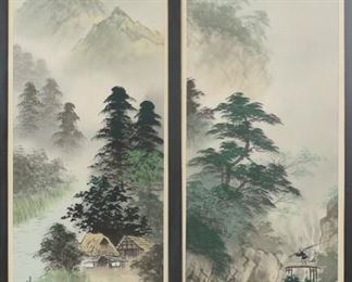 363	Chinese Painting on Silk Diptych	Two Chinese panels painted on silk, people in landscape. Both signed with inscription and red seal, lower right. Each panel 22" x 6 1/4" (together, with frame 27 1/2" x 17 1/2"). Some discoloration to margins of panels.
