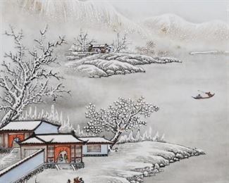 364	Attributed to He Xuren Chinese Porcelain Plaque	Attributed to He Xuren (China, 1882-1940). Hand painted enamel porcelain plaque, winter landscape. Signed with inscription and two red seals, upper right. 10" x 14 1/2". Some roughness to edges.
