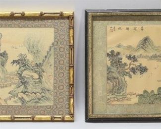 362	2 Chinese Paintings on Silk	2 Chinese paintings on silk, village landscapes. One signed upper left with inscription and red seal, one signed center right with inscription and red seal. 7 1/4" x 8 1/4" (with frame 10 1/4" x 12 1/4") and 7 1/4" x 8 1/2" (with frame 10 1/2" x 12 1/2"). Minor chips and losses to frames.
