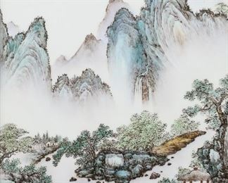 365	Hand Painted Chinese Porcelain Plaque	Hand painted Chinese porcelain plaque, river in mountain landscape. Signed with inscription and two red seals, upper left. 14" x 9 1/2" (with frame 16 1/8" x 11 1/2").
