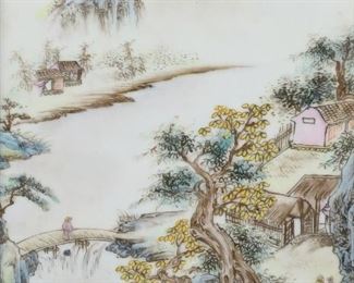 368	Hand Painted Chinese Porcelain Plaque Landscape	Hand painted Chinese porcelain plaque, Xishan landscape. Signed with inscription and three red seals, upper right. 13 7/8" x 9 3/8" (with frame 16 3/4" x 12 1/4").
