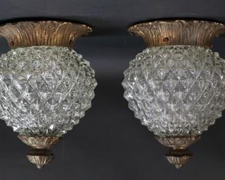 380	Pair Gilt Metal & Glass Pineapple Ceiling Fixtures	Pair of gilt metal and glass pineapple form ceiling lights. Each 10 1/4"H x 7 3/8"-diameter at caps.
