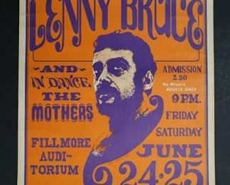 383	Wes Wilson Lenny Bruce Fillmore Poster BG-13	Robert Wesley Wilson (American, 1937-2020). BG-13, Bill Graham Presents concert poster, Lenny Bruce, with The Mothers (Frank Zappa). Fillmore Auditorium, San Francisco, June 24-25, 1966. Signed in the plate Wes Wilson 661-5362, lower right margin. Third printing, 13 7/8" x 20". Some discoloration in margins, creases throughout, scratch through the L in Bill and the G in Graham. Some losses to color along left side, notations in ink on verso.
