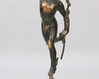 381	Hermes Spelter Sculpture	Patinated spelter sculpture of Hermes, on marble base. With plaque on base, Hermes Made in Greece BM. 13 1/4"H. Losses to patina on figure and base.
