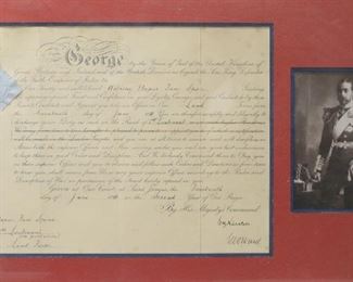 387	Signed King George V Military Document 1911	Military promotion document for Anthony Napier Fane Spicer. Dated 14 June, 1911. Signed by King George V. In framed display. Document 11 3/8" x 15 3/8" (with frame 18" x 28"). Some foxing, creases to paper, seal loose.
