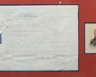 388	Signed William IV Military Document 1830	Military promotion document. Dated 1830. Signed by King William IV. In framed display. Document 11 1/2" x 15 1/2" (with frame 18 1/2" x 27 7/8"). Waviness and creases to paper, seal loose.
