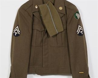 391	U.S. Army WWII Jacket & Hat	WWII-era U.S. Army Ike olive drab military jacket, with 44th Infantry Division patch, and hat. Jacket size 38R. Shoulders 18 1/4"W.
