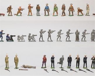 392	Grouping of 37 Lead and Cast Metal Toy Soldiers	"37 lead and cast metal toy soldiers. Early 20th century. 10 American Barclay soldiers, marked ""MADE IN USA 777."" 2 English Hillcoy horses, marked ""Hillcoy England."" 13 flat profile soldiers, three painted. 11 W. Britains Limited soldiers with 10 removable rifles and arms, marked on underside. One running soldier marked France. Paint loss, chips, cracks and holes to metal throughout all soldiers. 

American Barclay rifleman measures 3""."
