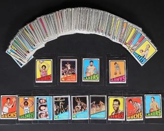 394	1972 Topps Basketball Cards Near Complete Set	"1972 Topps Basketball near complete set including Julius Erving rookie card. 232 out of 264 cards. Many doubles and some triples. 303 cards total. 
Card  numbers 1-6, 8, 11, 13-18, 20-31, 35-44, 46-54, 56, 58, 59, 61-73, 46-54, 56, 58, 59, 61-73, 75-80, 83-91, 93-97, 99, 100, 102, 103, 105-108, 111-128, 130-134, 137-152, 154-159, 161-199, 201-218, 220-235, 237-239, 241-257, 259 and 260-264. 

There are doubles of 22, 27, 28, 35, 44, 49, 50, 58, 65-67, 69, 72, 76, 82, 94, 97, 99, 102, 103, 111-114, 126, 137, 139, 141, 144, 145, 147, 149, 150, 155, 156, 174, 176, 177, 184, 187, 192, 198, 201, 205-207, 212, 214, 215, 220, 221, 227, 231, 242, 244, 245, 246, 252, 254, 257 and 264.

There are triples of 28, 44, 99, 102, 139, 147, 198, 212, 214 and 242. 
Cards range from near mint to poor. Sold in as found condition. 


"

