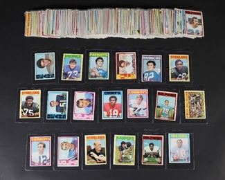 395	1972 Topps Football Cards Partial Set Staubach	"1972 Topps Basketball cards near complete set including Roger Staubach rookie card. 232 out of 264 cards. Many doubles and some triples. 303 cards total. 
Card  numbers 9-12, 14, 15, 17, 19-29, 30-35, 37-47, 49 x 2, 50-66, 67x2, 69-75, 77-91, 93-98, 99x2, 101-112, 114-117, 119-146, 148-152, 153x2, 154-158, 160-178, 179x2, 180, 181, 183, 184, 186-206, 208-211, 213-218, 219x2, 220-232, 234, 237x2, 238-245, 247-259 and 260-263. Cards range from near mint to poor. Sold in as found condition."
