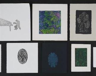 401	Grouping of Nine Prints by Steve Mayo	"Steve Mayo (American, 20th century). 8 collagraphs and one linocut depicting musicians and abstract designs. 4 prints signed ""Steve Mayo"" lower right of verso. Staining and marks to paper of three collagraphs. Slight bend to corner of piano man collagraph. 

Largest sheet size 15"" x 22"""
