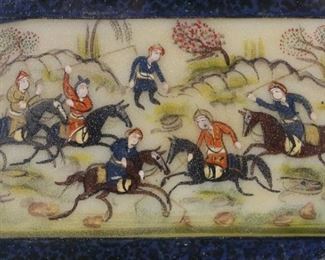 414	Persian Painting on Bone	Persian painting on bone, men on horseback. 3 1/4" x 5 1/2" (with frame 7 7/8" x 9 7/8"). Paint loss along edges.
