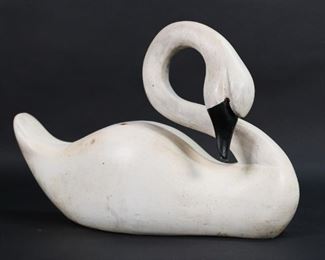422	Carved Wooden White Swan	Painted white swan with glass eyes and black painted beak. 18"L x 12"H.  Some staining on wood.
