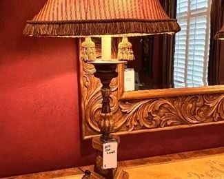#5) - $75 -Pair of carved wood painted table lamps with fringed shades	22x12x35