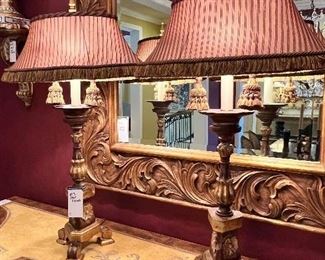 #5) - $75 -Pair of carved wood painted table lamps with fringed shades	22x12x35