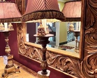 #5) - $75 -Pair of carved wood painted table lamps with fringed shades	22x12x35