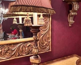 #5) - $75 -Pair of carved wood painted table lamps with fringed shades	22x12x35