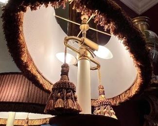 #5) - $75 -Pair of carved wood painted table lamps with fringed shades	22x12x35