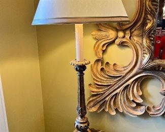 #11) - $75 - Pair of gold wood painted lamps with shades	18x18x42