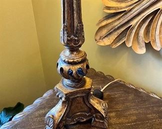 #11) - $75 - Pair of gold wood painted lamps with shades	18x18x42