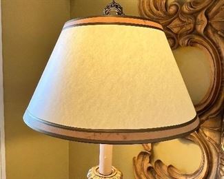 #11) - $75 - Pair of gold wood painted lamps with shades	18x18x42