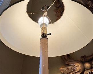 #11) - $75 - Pair of gold wood painted lamps with shades	18x18x42