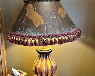 #52) - $75 Composite painted gold and red lamp with shade	40 " tall