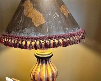 #52) - $75 Composite painted gold and red lamp with shade	40 " tall