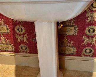 #63) - $150 - Pedestal sink with Brass Kohler fixtures	28x20x35. Purchaser is responsible to deinstall from the home prior to March 31.