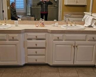 #G $600) White Bathroom Double Vanity Built in sinks, countertop, cabinets and drawers.   Includes sinks, fixtures, hardware.  34" Tall 110 1/2 Wide main section and 47 1/2 Tall and 24 3/8 Wide right taller section.  Purchaser must remove on their own or with their own contractor help prior to March 31. 