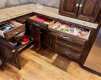 #N $1000) Kitchen Cabinet Sections (Lower Cabinets, Granite Countertop, Sink, Trash Cabinet, Dishwasher cutout, cabinets, and Drawers, spice Drawers). Beautiful Hardwood Cabinets with soft close drawer hardware and Upper Cap.  28 1/2 W x 20 D x 62 H.  Purchaser must remove on their own or with their own contractor help prior to March 31. 