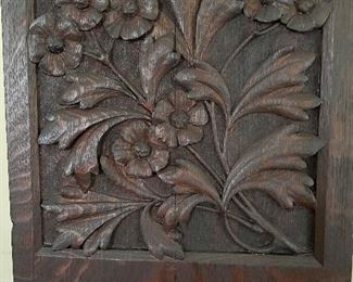 intricately carved oak Victorian staircase newel