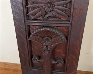 carving on oak Victorian staircase Newel