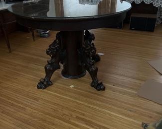 Antique Oak Pedestal Table with Carved Griffin Base