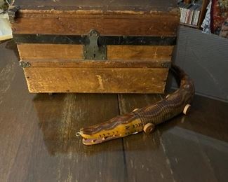 Alligator toy and antique doll trunk