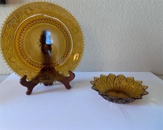 Vintage Amber Federal Glass Starburst SunflowerDish.  Vintage Amber Glass Platter