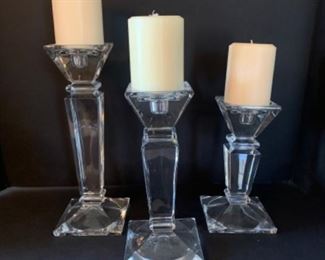Vintage Clear Crystal Glass Column Pedestal Candle Holders ( Heavy)