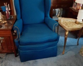 Blue Wing Back Chair and Italianate Gilt Side Table 