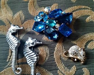 Sterling Silver Seahorses, Rhinestone Mouse Brooches