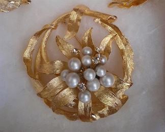 Brushed Gold Brooch with Rhinestones and Pearls  by Kramer