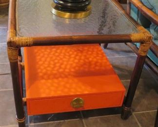 Side table with orange floating drawer- Ficks Reed style, John Wisner design 