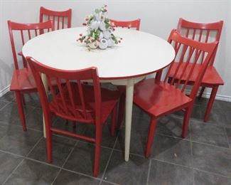 Red and white table and chairs