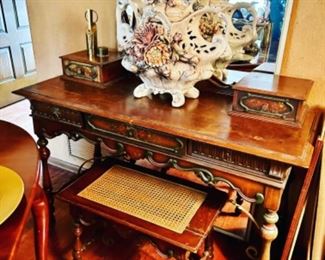 Antique writing desk with caned stool