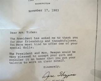 Mary Sides Co. sent hand-made Ronald Reagan doll to White House - this is thank you letter.