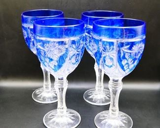Anne Hutte Bleikristall Blue Cut Crystal Wine Goblets (Set of 4)