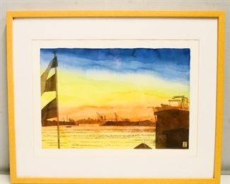 "Sunset Jack London Square" Watercolor Landscape Painting by Dick Stern