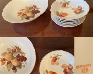 Vintage Germany Porcelain Serving Bowl with 6 Berry Bowls