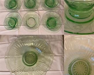 12” Vintage Open Rose Vaseline uranium glass bowl
Vintage Uranium Vaseline Sherbert Cups & Saucers ~ Green Depression Glass
