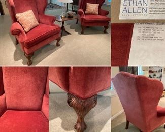 Pair Mauve/Plum/Red Velvet Ethan Allen Wingback Chairs